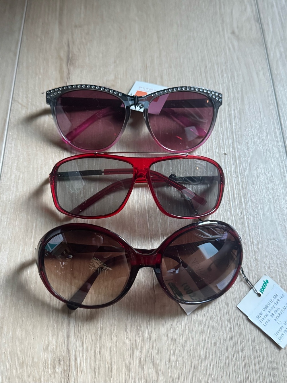 3 Pairs Y2K Sunglasses - Red And Pink - Big Cat Eye, Round, Rectangle